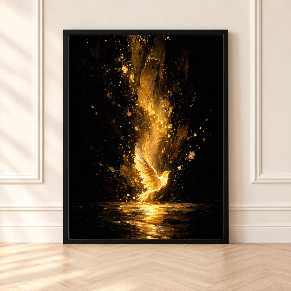 Golden Phoenix Art Print, Black and Gold Bird, Dramatic Wall Decor