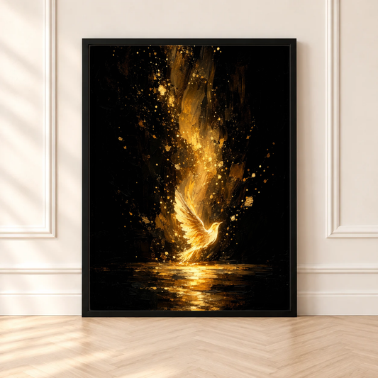 Golden Phoenix Art Print, Black and Gold Bird, Dramatic Wall Decor