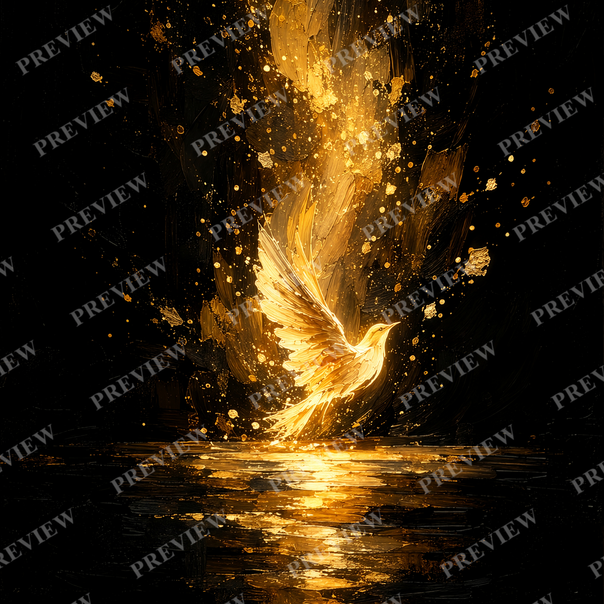 Golden Phoenix Art Print, Black and Gold Bird, Dramatic Wall Decor