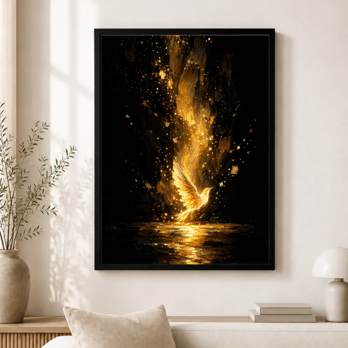 Golden Phoenix Art Print, Black and Gold Bird, Dramatic Wall Decor